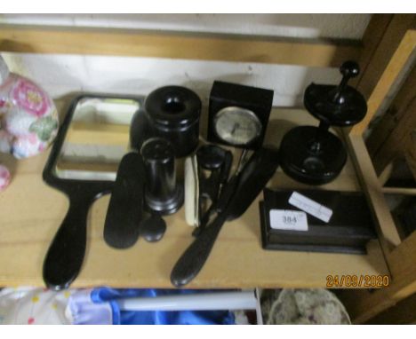 COLLECTION OF MAINLY WOODEN DRESSING TABLE IMPLEMENTS INCLUDING SMALL CLOCK AND A MIRROR
