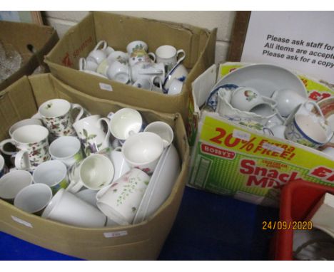 THREE BOXES OF CHINA, MAINLY MUGS AND SAUCERS
