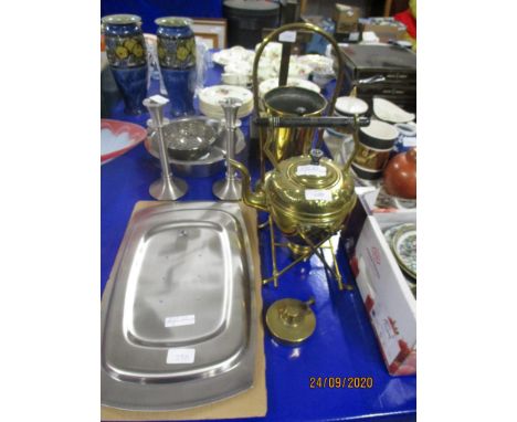 BRASS KETTLE ON STAND, BRASS CRUCIFIX AND OTHER BRASS ITEMS ETC