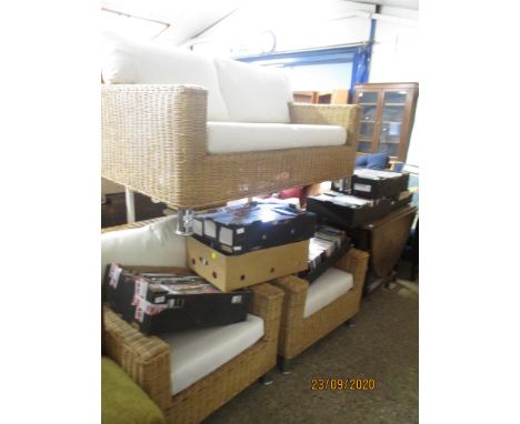 GOOD QUALITY THREE PIECE CANE CONSERVATORY SUITE COMPRISING TWO SEATER SOFA WIDTH APPROX 140CM TOGETHER WITH TWO SIMILAR ARMC