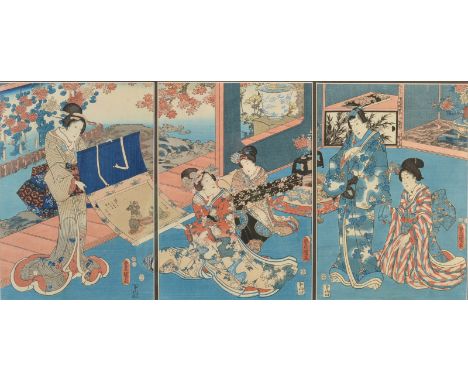 KUNISADA TOYOKUNI III
Courtly ladies, triptych
Woodblock print
Signed in Japanese characters, dated 1852
Each of the three pa