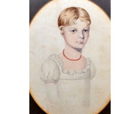 Early 19th Century Miniature
Portrait of a lady wearing a coral bead necklace
Watercolour
Indistinctly signed and inscribed t