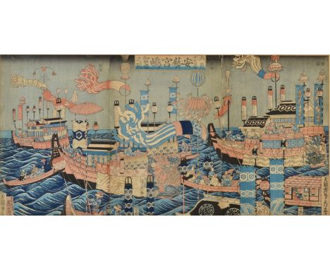 UTAGAWA SADAHIDE
Return of Empress Jingu after Conquest of Korea
Woodblock print
Signed with Japanese characters
35.5 x 73cm