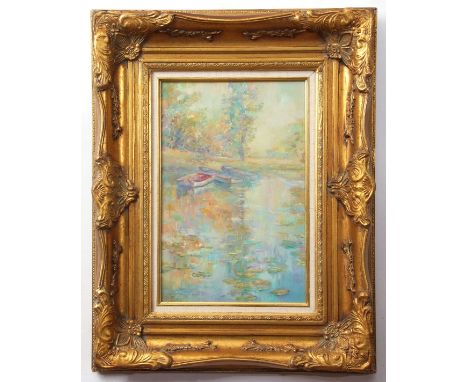 Valy Opal (20th century), River scene with boats oil on panel, signed lower left, 40 x 26cm  