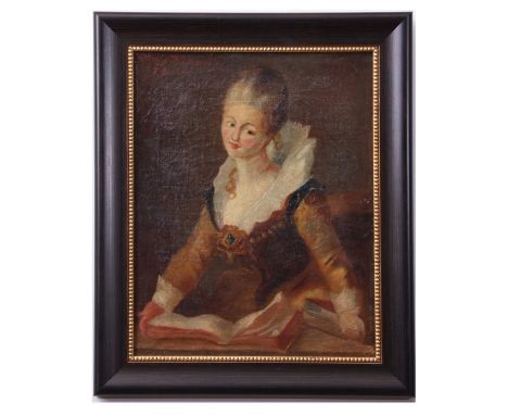 JB (late 19th century), Portrait of a lady reading a book (after Fragonard) oil on canvas laid to board, initialled and dated