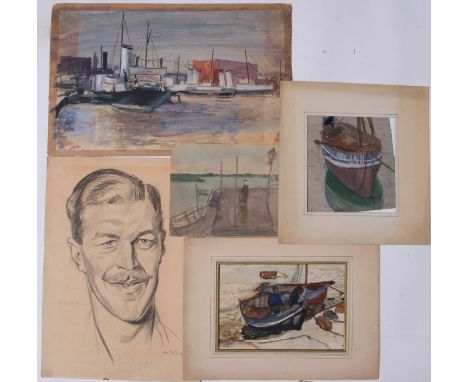 Modern British School (20th century), Boat scenes, group of 4 watercolours together with an indistinctly signed pencil drawin