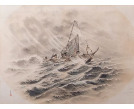 Japanese School (19th/20th century), Seascape with figures in a sailing boat, watercolour, signed lower left, 39 x 53cm