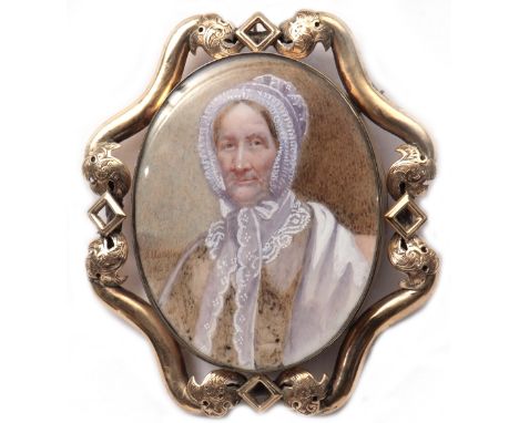 English School ( 19TH century) Head and shoulders portrait of a lady wearing lace bonnet portrait miniature, indistinctly sig