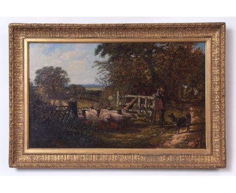 Attributed to George William Mote (1832-1909), Shepherd, dog and flock by a gate, oil on canvas, 36 x 62cm