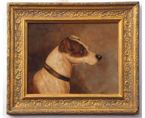 EL (20th century), Dog's head mixed media on paper laid to board, possibly print based, bears initials lower right, 19 x 24cm