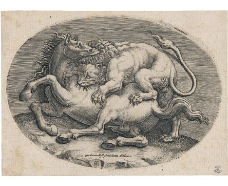 Scultori, Adamo -- Löwe ein Pferd angreifend. Kupferstich. 12,8 x 18,1 cm. B. 107, Bellini 11 III. Nach einer hellenistischen