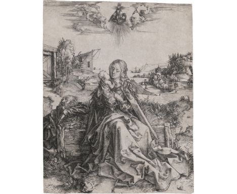 Dürer, Albrecht -- Die Heilige Familie mit der Heuschrecke. Kupferstich. 23,8 x 18,6 cm. Um 1495. B. 44, Meder 42 a-b (von k)