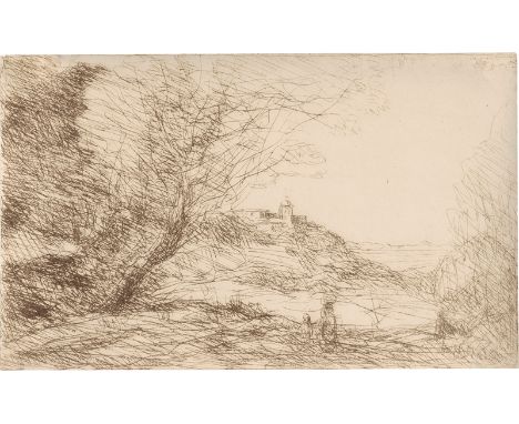 Corot, Jean-Baptiste-Camille -- Souvenir des environs de Monaco. Cliché-verre auf Salzpapier. 9,7 x 16 cm. (1860). Delteil 82