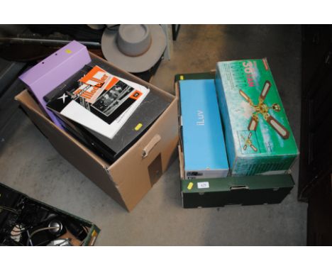Two boxes containing filing boxes and i-Luv speaker dock