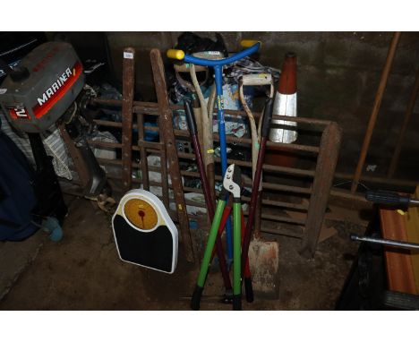 A quantity of long handled gardening tools etc