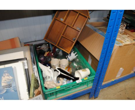 A box containing various glass, china, ornaments and a wall shelf
