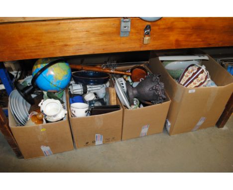 Four boxes of various household sundries to include world globe, musical instrument, vases etc.