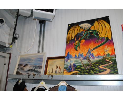 A wall clock decorated with a dragon; H Skeys, oil 'Racing Barges'; framed print seascape