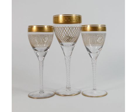 De Lamerie Fine Bone China heavily gilded Glass Crystal The Twist Patterned Wine Glasses one with monogram , specially made h