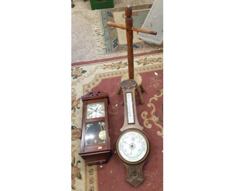 Vintage oak aneroid barometer together with a later mechanical wall clock and a vintage washing Dolly (3). 