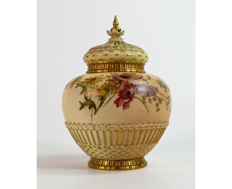 Royal Worcester potpourri Jar &amp; cover 1286, blush floral decoration with green factory marks, h.20cm, (a/f. chip to edge 