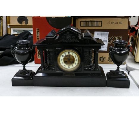 Large Early 20th Century Slate Garniture Clock Set, height 34cm 
