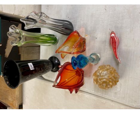 A collection of vintage art glass, including vases, shaped dishes in various colours, tallest vase 32cm. (8) 