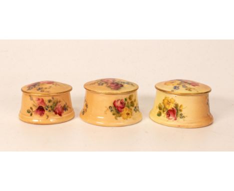Three Royal Worcester Blush Ivory Miniature Lidded Pots, largest diameter 4.8cm 