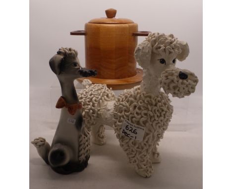Italian ceramic model of a poodle,h.24cm, wood pipe stand and another seated poodle. (3) 