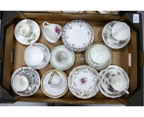A collection of cups and saucers to include Royal Albert Violetta trio, Moss Ross cup &amp; saucer, Gauldon blue &amp; gilt c