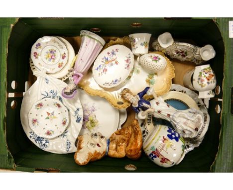 A mixed collection of items to include Hammersley pin dish, Aynsley small vase, dressing table trays, figures etc ( 1 tray) 