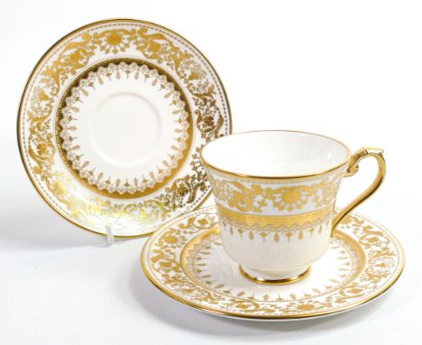 De Lamerie Fine Bone China, heavily gilded Versailles Countess Armorial patterned Trio , specially made high end quality item