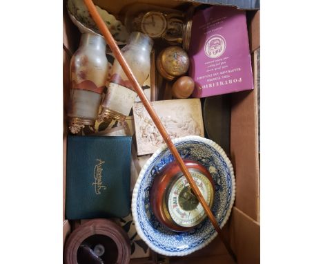 A mixed collection of items to include Pewter Crumb tray, , 19th Century Painted Glass Vases, Vintage Cane, etc 