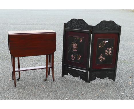 Sutherland Table on ceramic castors. together with a Painted Oriental Folding Screen. Height of tallest: 77cm (2) 