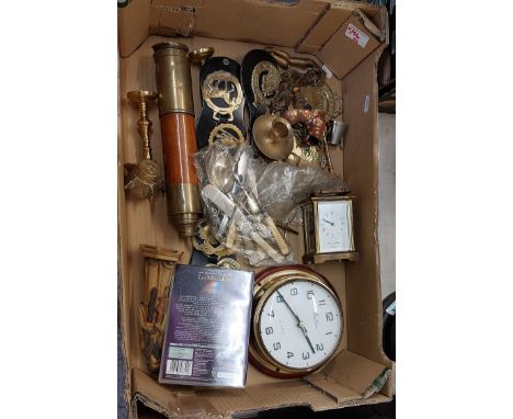 A Mixed Collection of Metal Ware Items to Include Candle Stick Holders, Clocks, Boots, Watering Can, Clock, Spoons, Knives, E