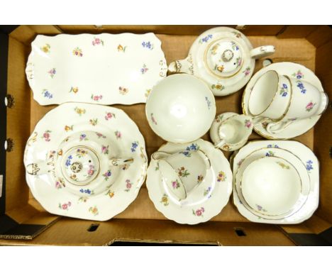 New Chelsea Staffs china tea ware to include cake plate, sandwich tray, 2 x small teapots, 3 cups, 5 saucers, side plates etc