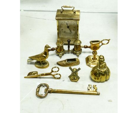 A mixed collection of brass items to include Candlestick, Carriage Clock, Condiment set etc 