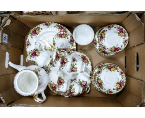 A collection of Royal Albert Old Country Rose patterned items including 2nds Tea Set &amp; matching Wall Clock 