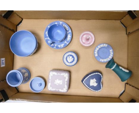 A collection of Wedgwood Jasperware including pink ring stand, Royal Blue lidded boxes, Teal Vase, Blue Jasperware etc 