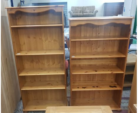 Two Pine 5 shelf modern book case together with similar smaller pine example (4 shelf) size of largest 167cm H x 77cm W x 27c