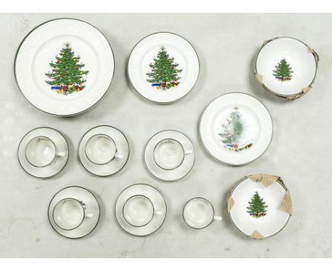 Cuthbertson Ironstone Embossed Original Christmas Tree Design items to include 5 cups & saucers, cup, 6 x dinner plates, 6 de