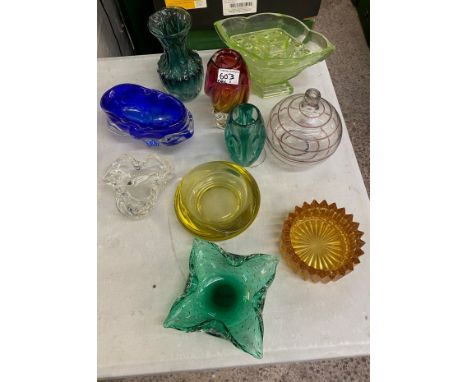 A collection of vintage art glass, including vases, shaped dishes in various colours, tallest vase  20cm. (10) 