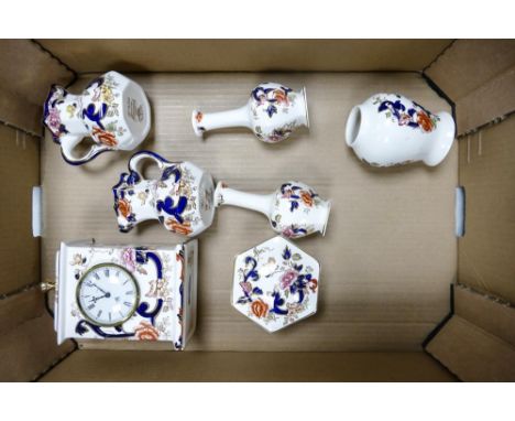 A collection of Masons Blue Mandalay patterned items including Mantle Clock, jugs, vases etc 