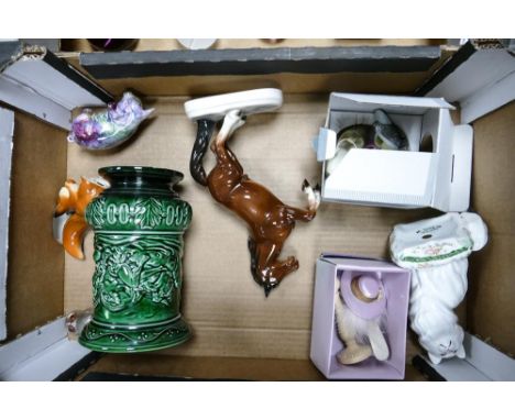 A mixed collection of item to include Collectable shoe figures, Sylvac Vase, Ceramic Rearing Horse, Norcroft Fine Bone China 