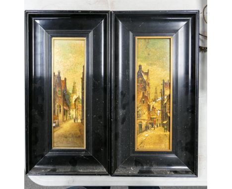 A Pair of Oil on Ceramic Paintings depicting Dutch Street Scenes in gilt and ebonized frames. Indistinctly signed to lower le