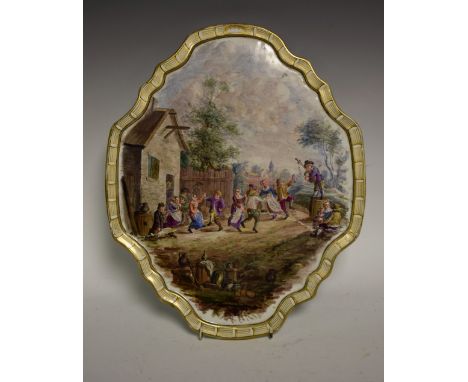 A 19th century French shaped oval ceramic painted plaque, Villagers Revelling, marked Lille to verso, 37.5cm x 31cm