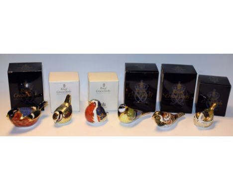 A Royal Crown Derby paperweight, Great Tit, gold stopper, boxed; others, Bunting, gold stopper, boxed; Blue Tit, gold stopper