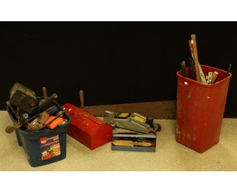 Tools - vintage hand tools, planes, axes, pulley, 2 ton block and tackle, oil bottles, etc