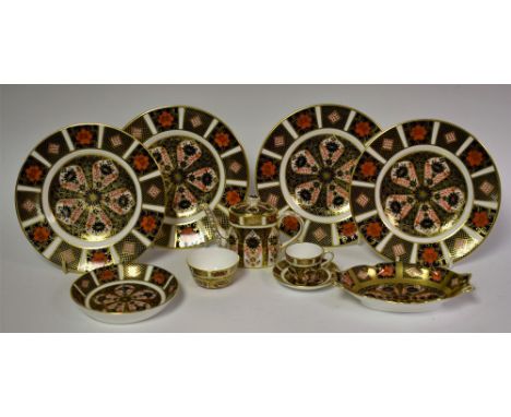 A set of four Royal Crown Derby 1128 pattern plates, 16cm, first quality; a similar miniature part tea service; solid gold ba