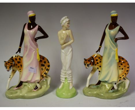 Royal Doulton Art Deco style figures, Charlotte, HN3812 x 2, in pink and green coloured dresses; Modesty, HN 2744, all first 